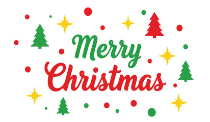 Festive merry christmas greeting with whimsical decorations and colorful stars for holiday celebration isolated on white background