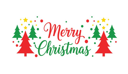 Festive merry christmas greeting with evergreen trees and colorful confetti celebrate holiday season isolated on white background