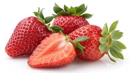 Macro closeup of a fresh, ripe, sweet, and juicy strawberry isolated on a white background