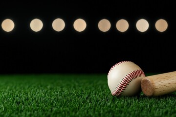 Baseball and wooden bat resting on artificial green grass with stadium lights illuminating a dark night sky