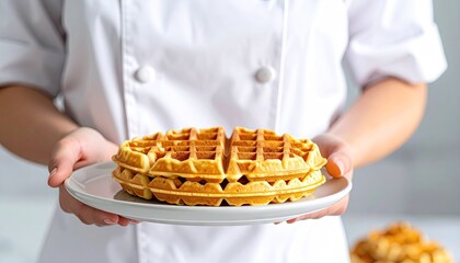 Chef Presenting Golden Brown Waffles on Plate