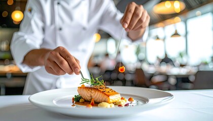 Chef Preparing Grilled Salmon Dish in Restaurant Kitchen