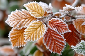 Frosted Autumn Leaves with Intricate Ice Crystals Showcasing Nature s Beauty in Close-Up Detail
