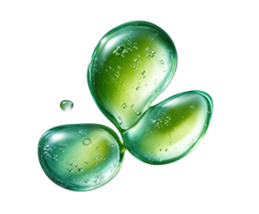 Green, dew-like water droplets clustered, some with bubbles on black