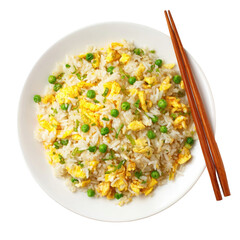 Overhead view of fried rice with egg, peas, & chopsticks