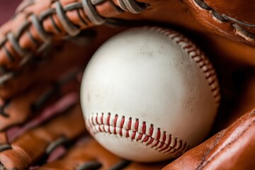 White baseball with red stitching nestled in a worn brown leather catcher's mitt, close up texture and classic sports gear ready for play