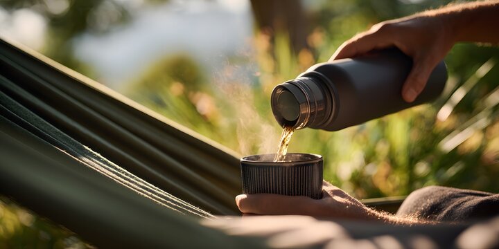 Close-up of hands pouring hot drink from thermos into mug, hammock and greenery softly blurred in background. High quality photo - Powered by Adobe