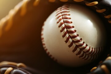 Baseball ball with red stitching resting inside a brown leather mitt, showing classic sport equipment