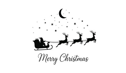 Silhouette of santa claus sleigh and reindeer flying across a starry night sky with merry christmas text isolated on white background