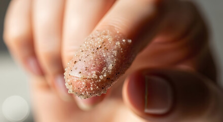 Close-up of a human finger holding a natural exfoliating scrub, highlighting the granular texture and the concept of gentle skincare for a refreshing beauty routine