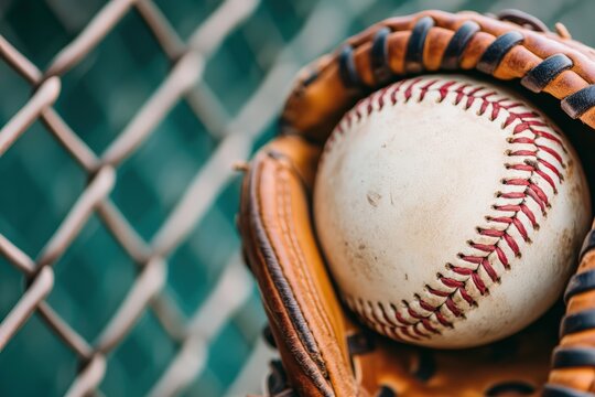 Worn baseball resting inside a leather glove. Chain link fence in the background, adding a classic sports scene detail - Powered by Adobe