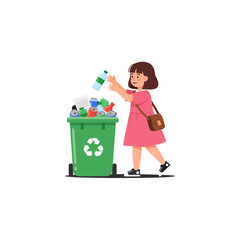 A cute young girl in a pink dress responsibly puts a plastic bottle into a full green recycling bin.