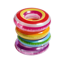 Stack of colorful inflatable swimming rings, vibrant, against black