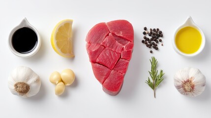 Cooking fresh tuna steak with herbs and spices kitchen food photography minimalist top-down view culinary art