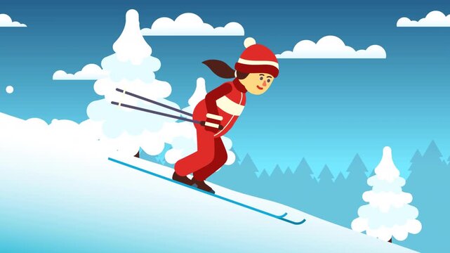 Cartoon female skier racing downhill on a snowy mountain slope. Woman rushes at high speed against a blue sky background with pine trees and snow. Loop Animation