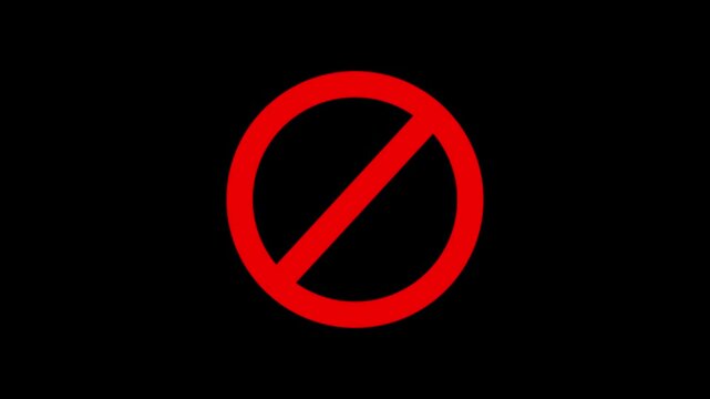 Red sign stop, cross, x, ban, cancel, prohibited icon animation on black background.