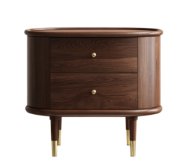 Wooden two-drawer nightstand with rounded edges and brass feet details