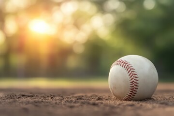 Baseball resting on a dirt infield with golden hour sunlight creating a bokeh background, representing sport and nostalgia