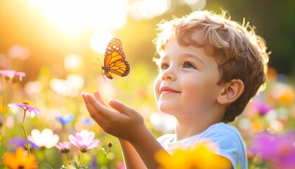 Colorful Meadow Scene Featuring Child Releasing Butterfly in Nature, Highlighting Environmental Care, Harmony, and Eco-Friendly Lifestyle