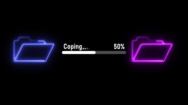File transfer from computer folder to folder neon line animation Isolated on black background. copying file transfer with loading animation.