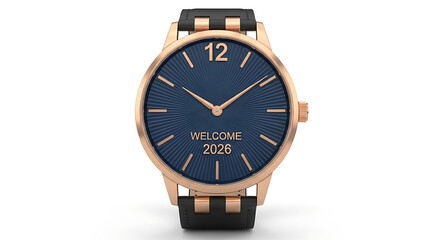 Elegant wrist watch with a deep blue dial displaying the year 2026, symbolizing future anticipation and timekeeping