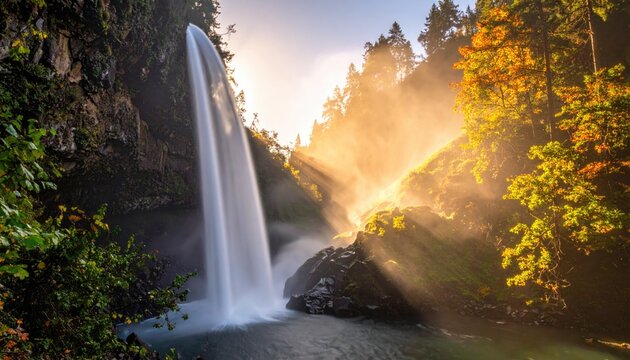 Majestic waterfall cascading into a tranquil pool, bathed in golden sunlight