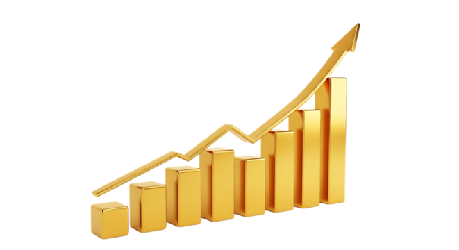 Golden bar chart with upward trending arrow illustrating financial growth and success isolated on white background