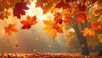 Autumn leaves fall in sunlit park