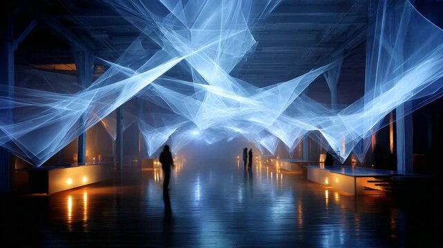 Mesmerizing Digital Light Installation: Transforming an Urban Space with Ethereal Blue and White Laser Projections, Creating a Captivating Atmosphere for Visitors to Explore and Enjoy
