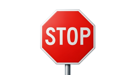 A classic red octagonal stop sign with the word stop in white letters isolated on white background