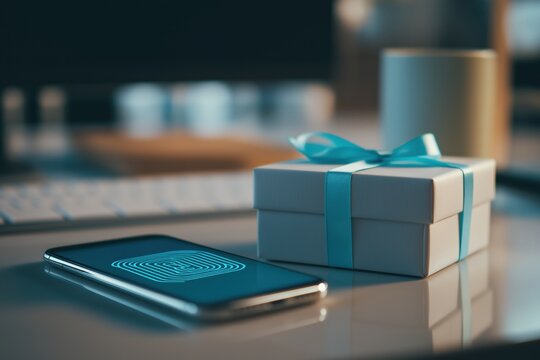 Smartphone displaying biometric security feature next to a beautifully wrapped gift box with a blue ribbon on a modern workspace desk, symbolizing technology and celebration