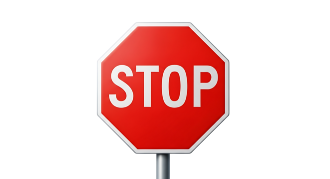 A classic red octagonal stop sign with the word stop in white letters isolated on white background
