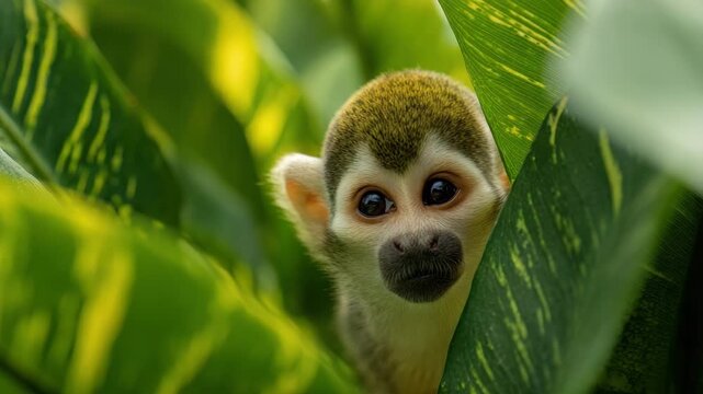 Curious monkey peeks through green foliage in a vibrant jungle, showcasing its playful nature