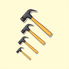 Three hammers of varying sizes arranged diagonally on a light background showcasing tools for construction and home improvement projects with a clean and simple design
