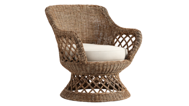 Wicker chair with round white cushion, isolated on black backdrop