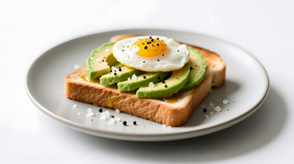 A gourmet, healthy breakfast, perfectly plated: avocado toast topped with a sunny-side-up egg.