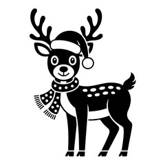  Christmas deer in a santa hat and scarf black silhouette illustration, vector jolly cartoon reindeer with a red nose and festive