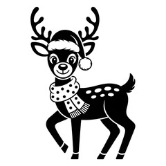  Christmas deer in a santa hat and scarf black silhouette illustration, vector jolly cartoon reindeer with a red nose and festive