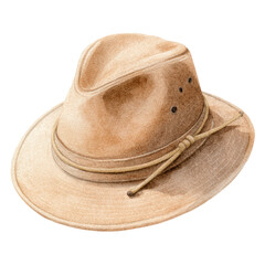 Tan pith helmet with a chin strap, isolated