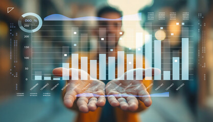 Business professional showcasing data visualization on transparent screen in urban environment, illustrating concepts of analytics, technology, and modern business trends.