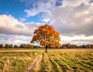 Autumnal tree stands alone on a path