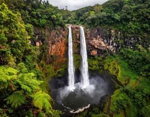 Double waterfall cascading into a lush rainforest valley