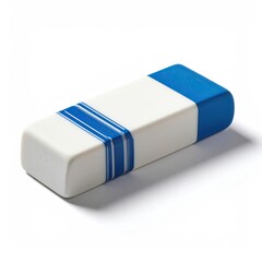 Rectangular eraser, white body with blue stripes, and blue ends