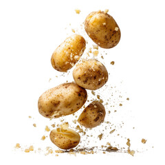 Golden potatoes mid-air, sprinkled with breadcrumbs