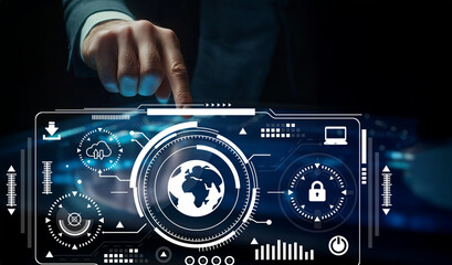 Futuristic Technology Interface with Hand Interacting Over Digital Globe and Graphical Elements Representing Global Connectivity and Data Security