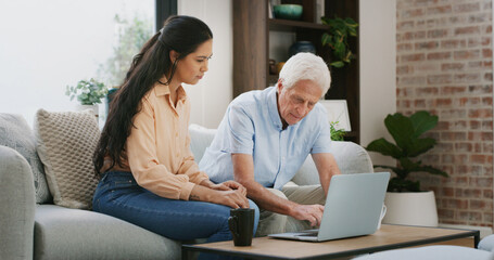 Laptop, senior father and woman in home for website, assistance or help with online shopping. Computer, daughter and elderly parent in living room for internet purchase, aid and family bonding