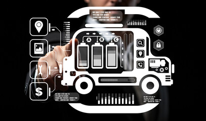 Businessman Interacting with Futuristic Transportation Interface Featuring Battery Levels and Data Visualization in a Digital Environment