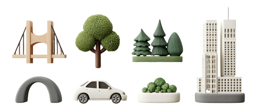 Isolated 3D Render of Colorful Objects Including Tree, Bridge, Car, and Buildings