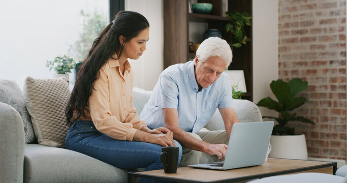 Laptop, senior father and woman in home for website, assistance or help with online shopping. Computer, daughter and elderly parent in living room for internet purchase, aid and family bonding