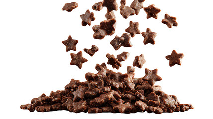A pile of small, brown, flower-shaped pet kibble. Several pieces of the kibble are suspended in mid air above the main pile, creating a dynamic, gravity-defying effect.